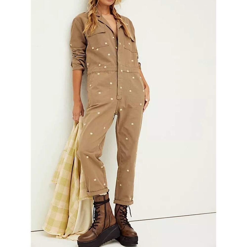 Driftwood Free People Dizzy Daisy Farrah Overalls Coveralls Jumpsuit Beige Tan M